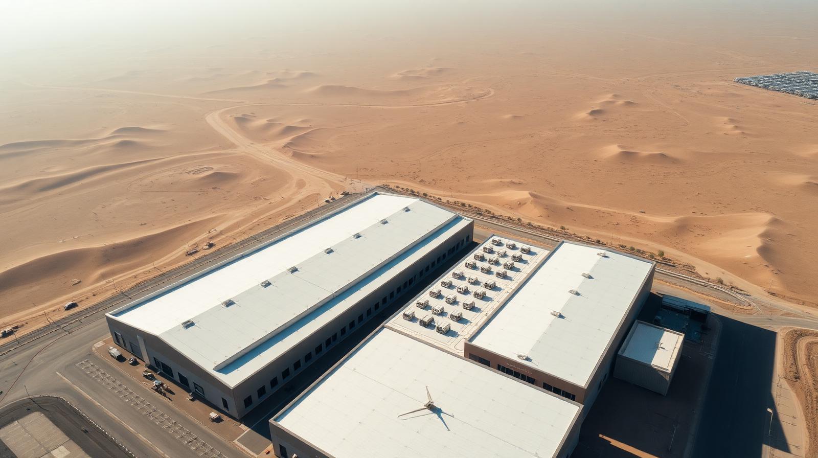 Aerial view of warehouses with coated reflective roofs in the UAE